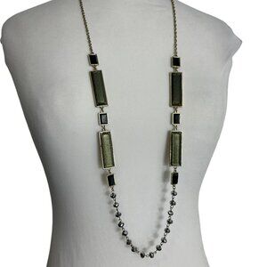 Chicos Gold Tone Necklace Beaded Black Sparkle Rectangles 40" Long Tunic Length